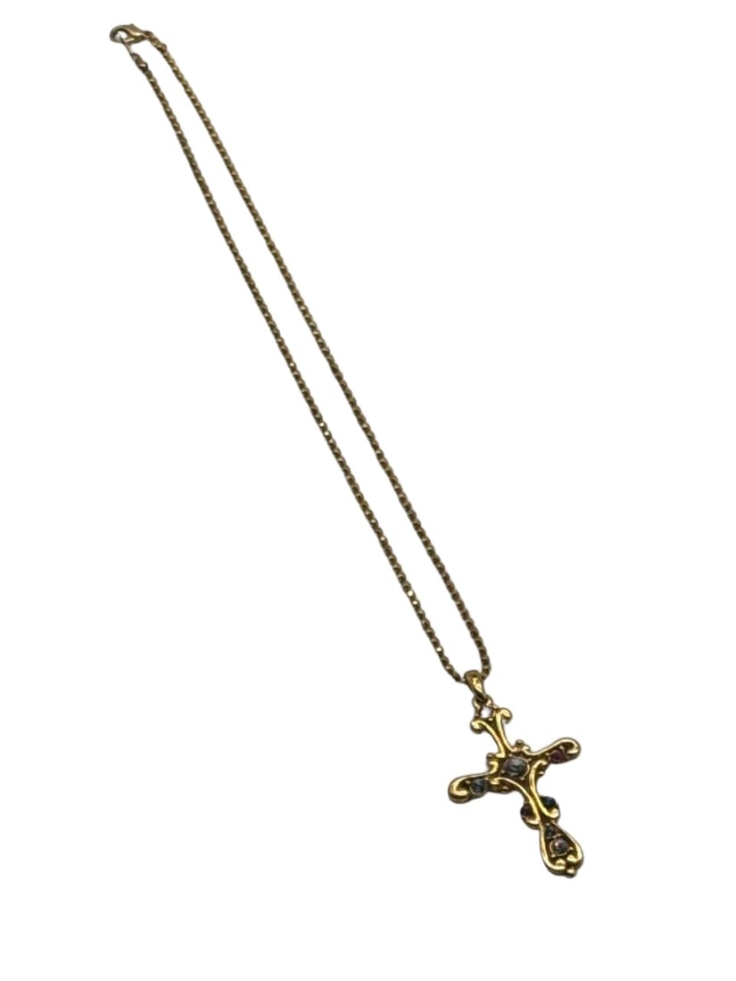 Gold Tone Cross Pendant Necklace with Colorful Gemstones 12 Inch (1 of 9)