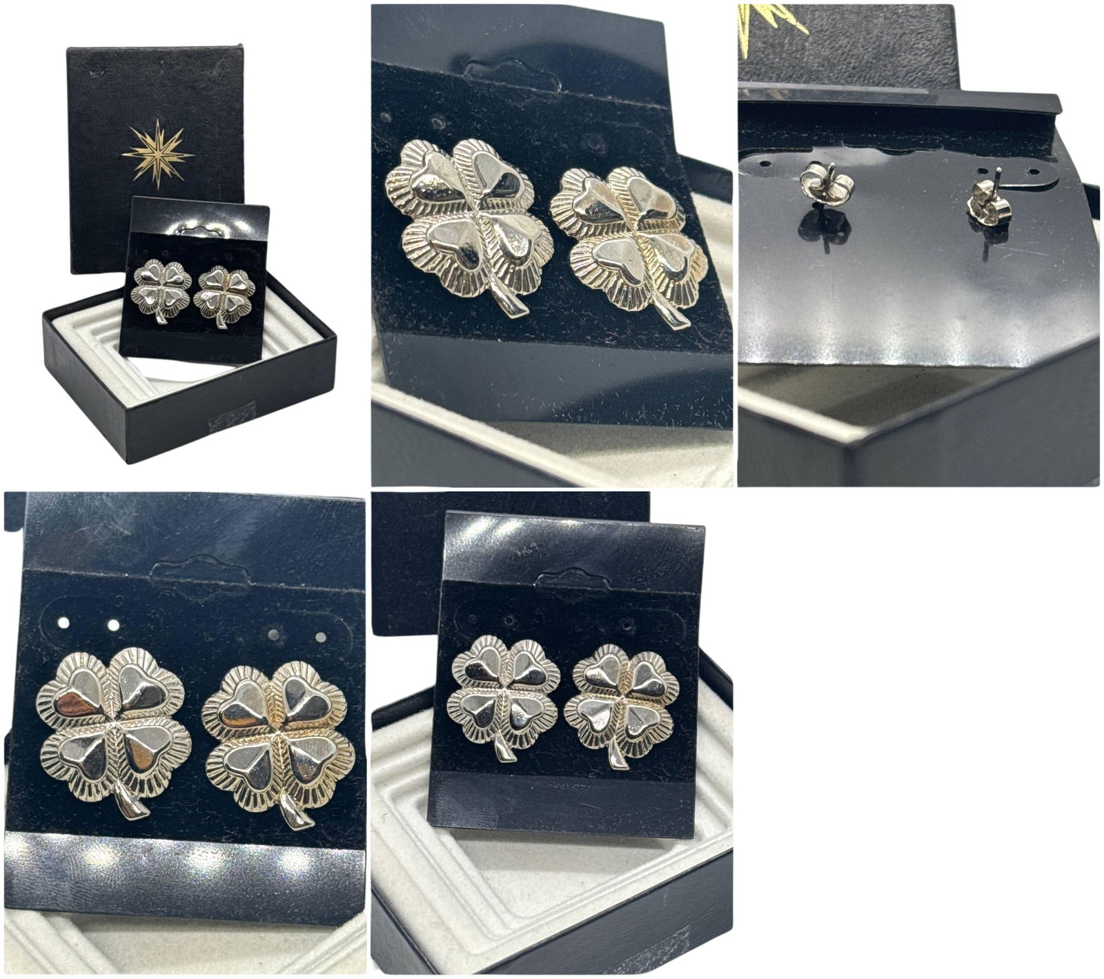 Vintage Lucky Clover Silver Stud Earrings Imitation Jewelry Boxed: Discover the charm of these Vintage Lucky Clover Silver Stud Earrings, perfect for adding a touch of elegance to any outfit. Crafted in an attractive four-leaf clover design, these imitation jewelry e