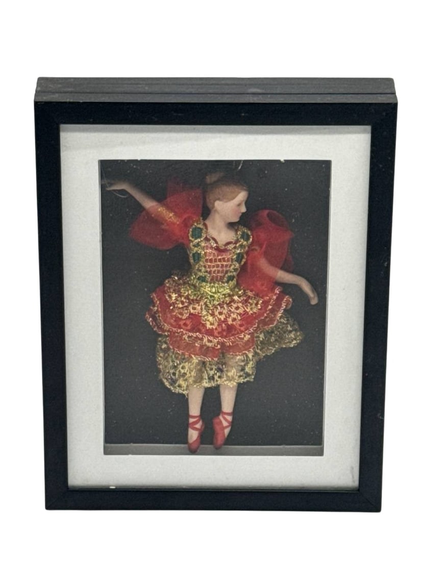 Vintage Ballerina Doll Shadow Box Frame Art Red Gold 9x7x2 Inch (1 of 8)