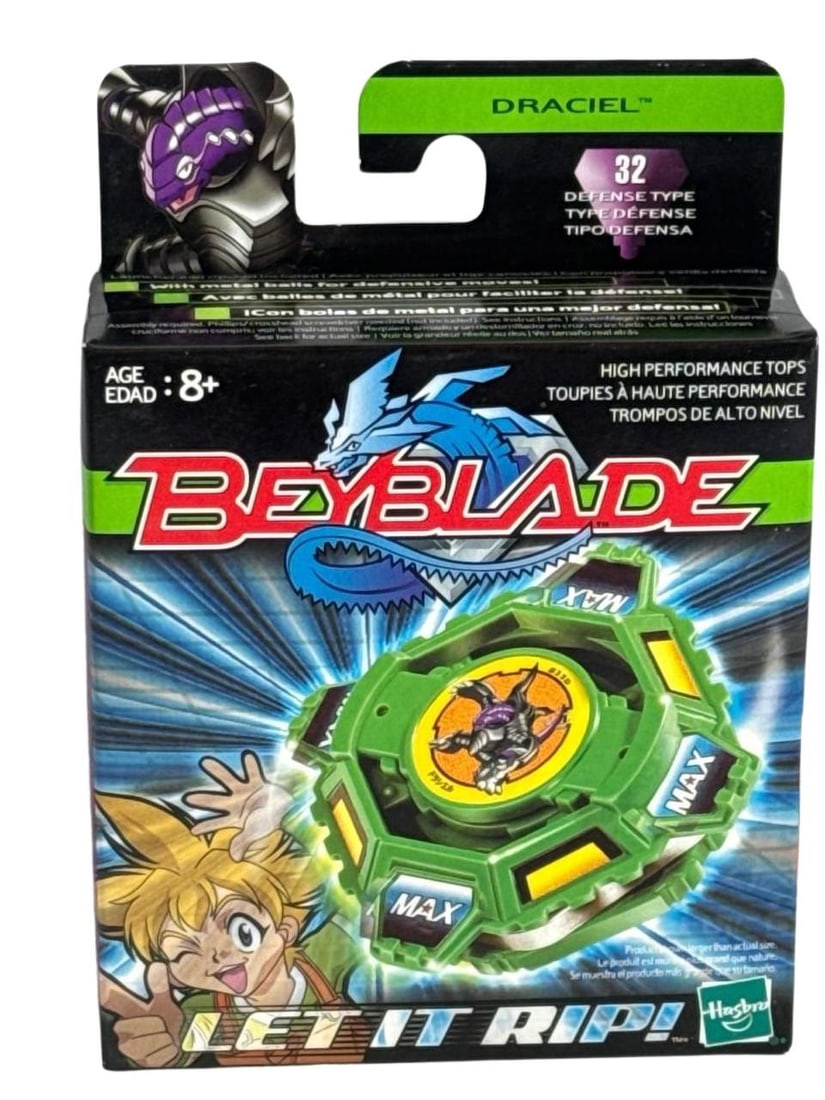 Beyblade Draciel Defense Type Original Hasbro Spinning Top Toy 6 In: Beyblade Draciel Hasbro collectible spinning top toy from the iconic Beyblade series is highly sought after by collectors and fans. This defense type top features durable construction and integrated m