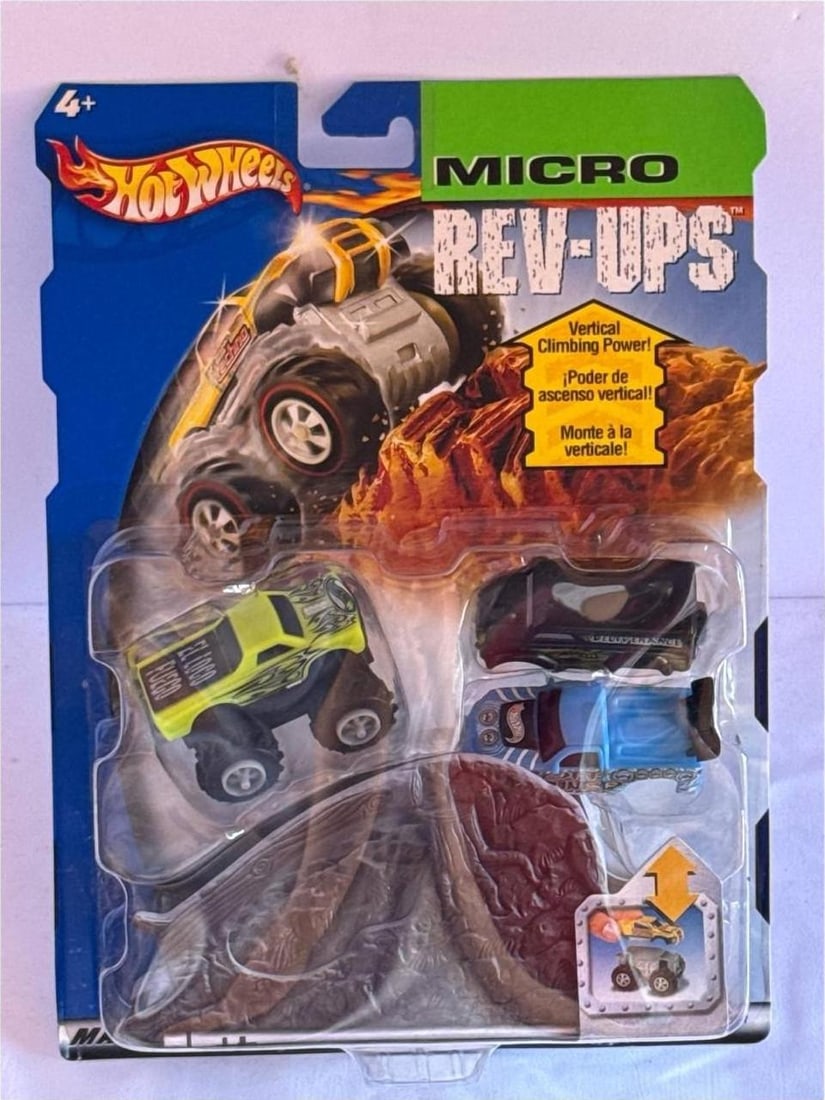 Hot Wheels Micro RevUps 2002 Mattel Monster Trucks Playset 9 In: Hot Wheels Micro RevUps 2002 Mattel Monster Trucks Playset with vertical climbing power is a remarkable collectible that blends thrilling play and nostalgic appeal. This sealed set, originally release