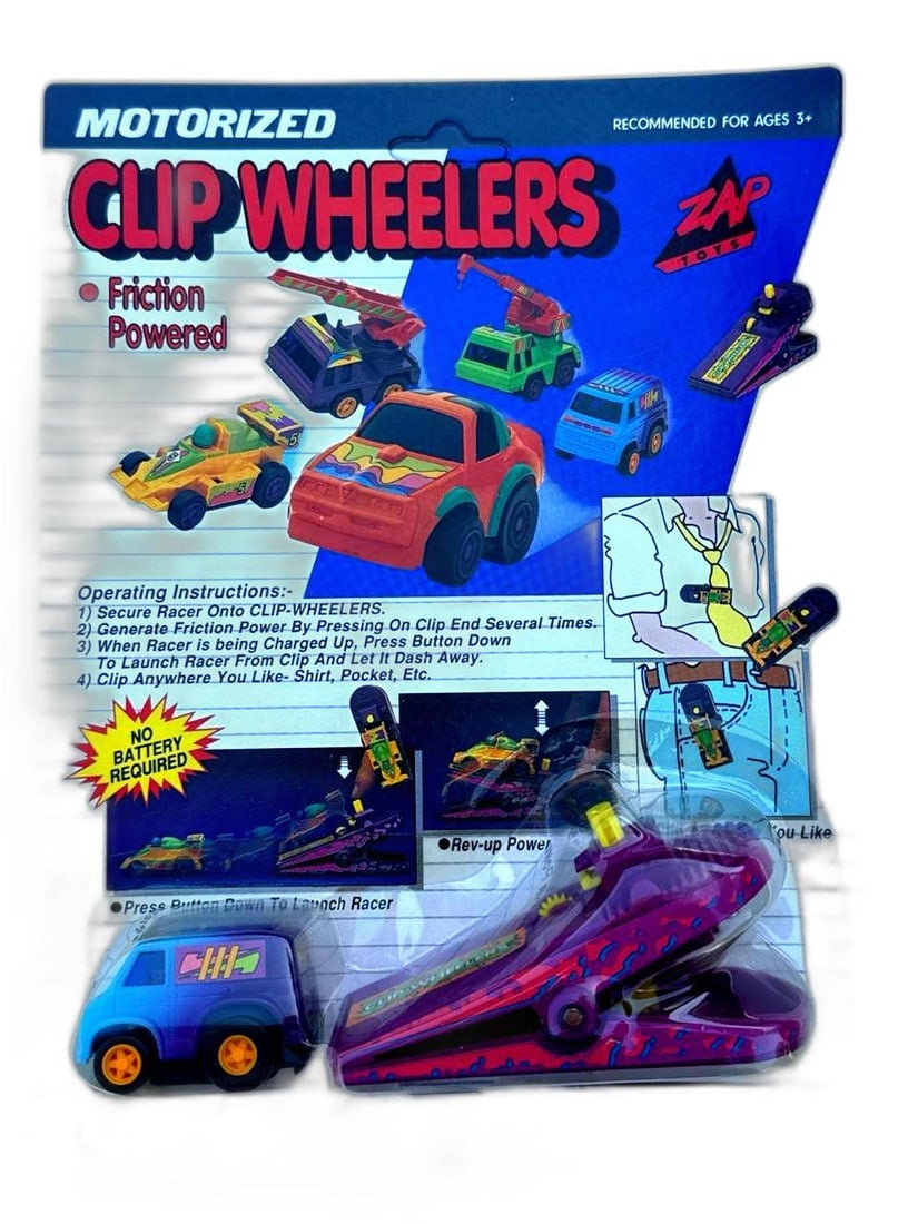 Zap Toys 1991 Motorized Clip Wheelers Friction Powered 32576 Car Set: Friction powered Clip Wheelers by Zap Toys 1991 are a retro favorite for collectors and enthusiasts Each blister pack contains vibrant miniature cars with friction motors designed to launch across sur