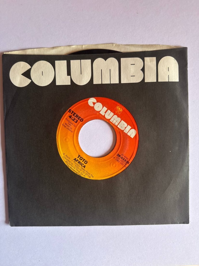 Rare Vintage Toto Africa 7 Inch 45 RPM Vinyl Single Columbia 1982 Original: Rare vintage Toto Africa 7 inch 45 RPM vinyl single Columbia 1982 original pressing remains highly sought after by music enthusiasts and collectors. This iconic track, produced by Toto and released un