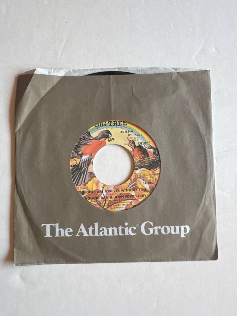 Vintage 1976 Big Tree 45 RPM Vinyl Record Nights Are Forever Without You: Vintage 1976 Big Tree 45 RPM Vinyl Record Nights Are Forever Without You By England Dan And John Ford Coley is a timeless soft rock classic. This collectible single features crisp audio quality and re