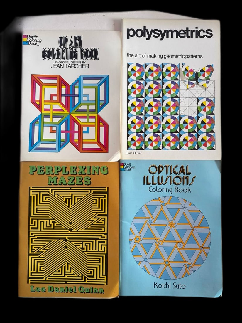 Lot Of Four Optical Illusion And Geometric Pattern Puzzle Books: Immerse yourself in the world of artful exploration with this lot of four coloring and puzzle books devoted to mesmerizing optical illusions, intricate geometric patterns, and engaging mazes. Comprise