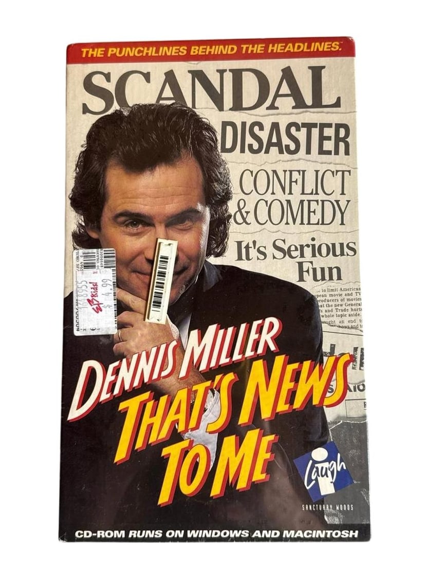 Dennis Miller Thats News To Me CD ROM Comedy Software For Windows And Mac Laugh Sanctuary Woods: Dennis Miller comedic CD ROM software for Windows and Mac from the 1990s This unique release blends humor with an interactive news style format inspired by scandals disasters conflicts and comedy It w