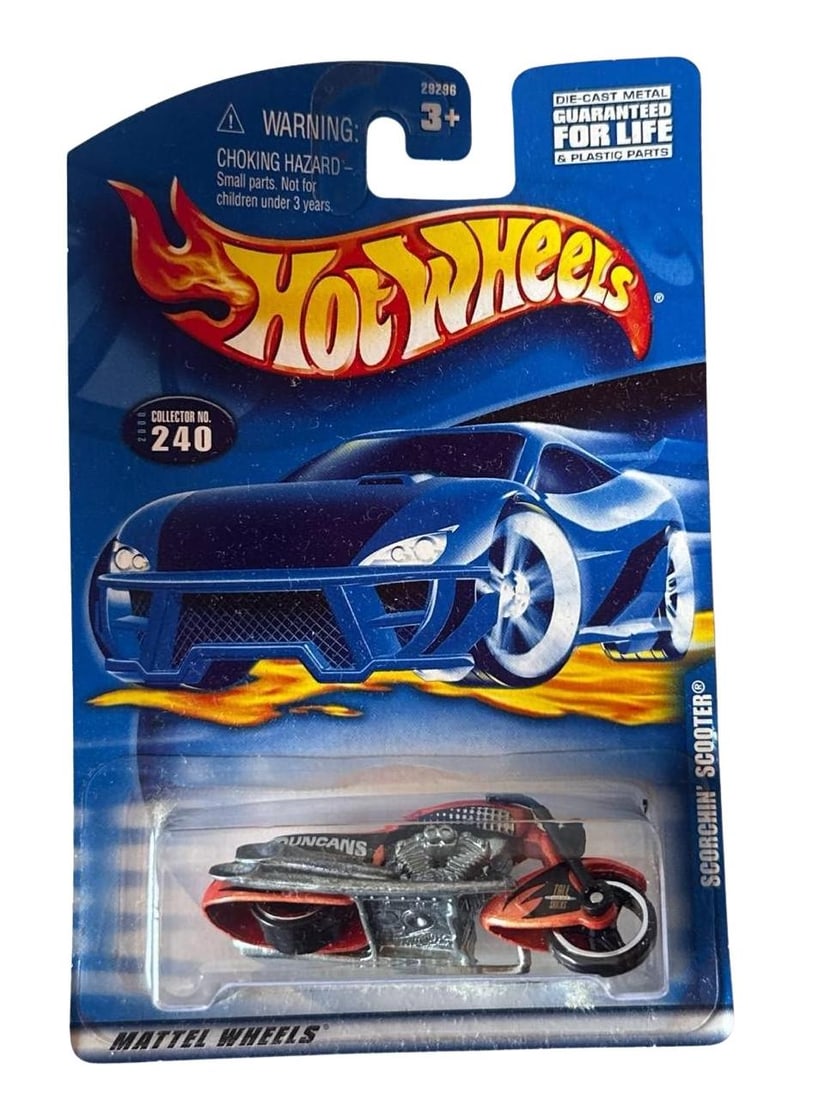 Hot Wheels Scorchin Scooter Collector 240 New Mattel Toy 164 Scale: Hot Wheels Scorchin Scooter exclusive collector edition is a highly sought after die cast toy from Mattel that showcases a dynamic motorcycle design in a bold flame pattern. This miniature scale model