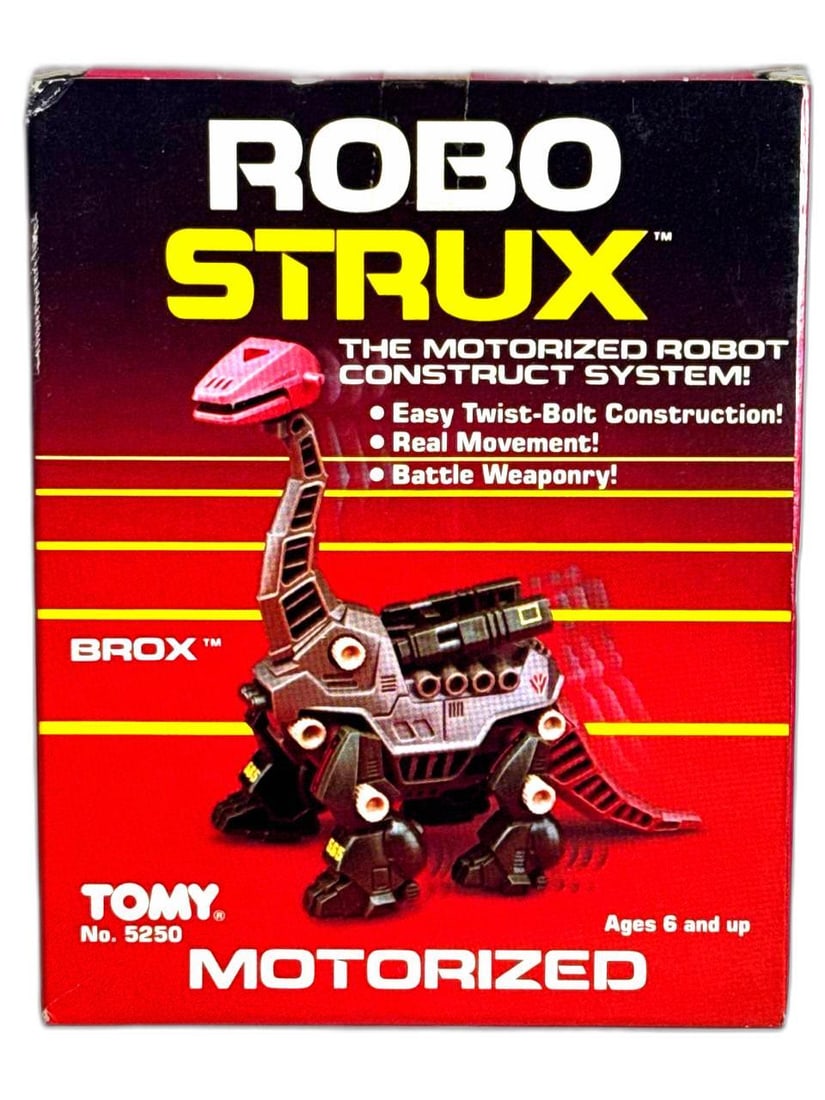 Tomy Robo Strux 1985 Brox Motorized Robot Dinosaur Construction Set: Tomy Robo Strux 1985 Brox Motorized Robot Dinosaur Construction Set from the mid 1980s is a rare find for enthusiasts seeking authentic retro collectibles. Featuring an innovative twist??bolt design a