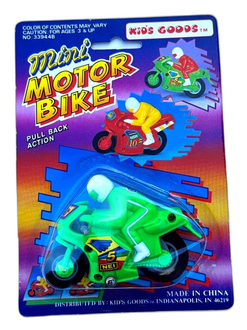 Kids Goods Mini Motor Bike Pull Back Action Green Toy No 33948B 8 In: Green plastic pull back motor bike toy by Kids Goods featuring No 33948B and recommended for children ages 3 and up This bright and lightweight miniature motorcycle offers a vibrant racing look that a