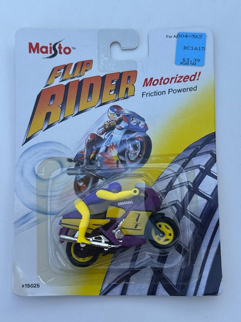 Maisto Flip Rider Yamaha Purple Yellow Motorized Motorcycle 1992 15025: Maisto Flip Rider Yamaha Purple Yellow Motorized Motorcycle 1992 15025 is a nostalgic piece that brings back the thrill of early 1990s toy collecting. This friction powered stunt bike features a sturd