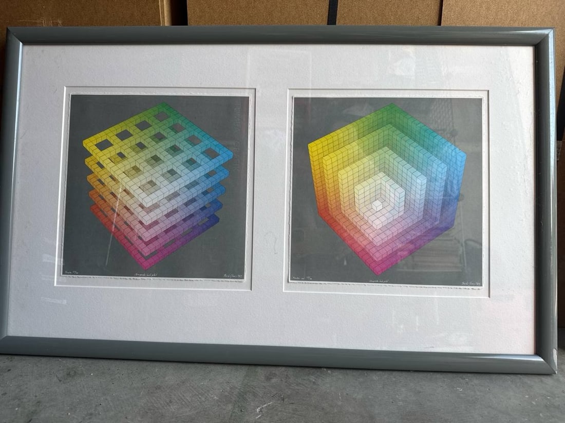 Beck Jung 1982 Abstract Geometric Print Computer Ink Plot 20.5x33.5 In: Computer ink plot from 1982 created by Beck And Jung This limited edition piece numbered 127 of 190 presents a captivating display of geometric illusions and vibrant spectrum transitions The design ca