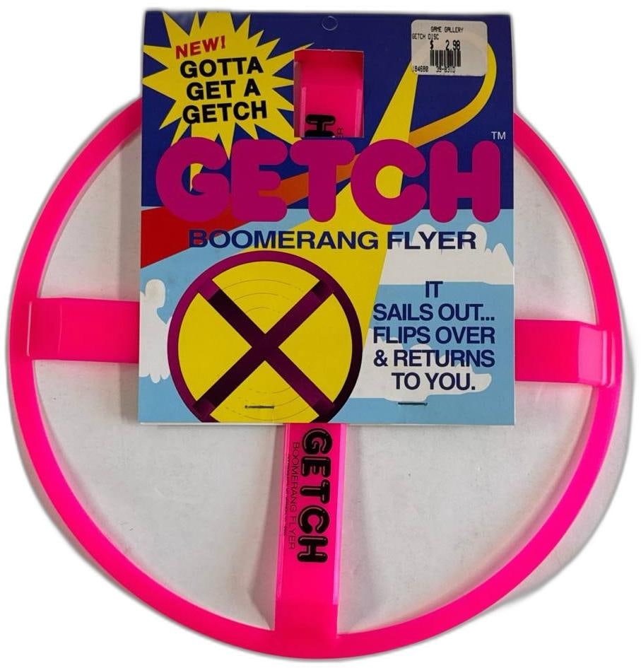 Getch Boomerang Flyer Pink Unopened Outdoor Throw And Catch Toy By GCI: Getch Boomerang Flyer Pink Unopened is a fun ring shaped flying toy by GCI that is still in its original sealed packaging. This lightweight boomerang style disc is designed to sail out and flip back r