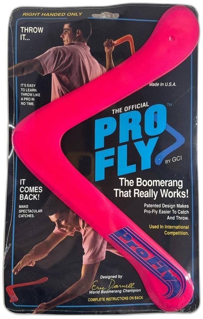 Official GCI Pro Fly Pink Boomerang Right Handed Sealed Unopened 39 800: Official GCI Pro Fly Pink Boomerang Right Handed Sealed Unopened 39 800 is an iconic sporting item designed by Eric Darnell and endorsed by the US Boomerang Team in international competition. It featu