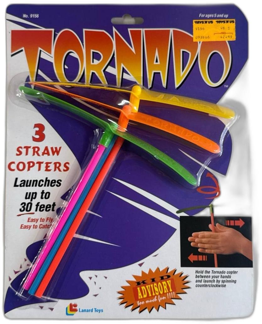 Tornado Straw Copters 3 Pack Lanard Toys Unopened Launch Up To 30 Feet: Unopened Tornado Straw Copters by Lanard Toys are a fun and nostalgic find for collectors and families seeking a classic outdoor play experience. These bright neon straw copters come sealed in their o