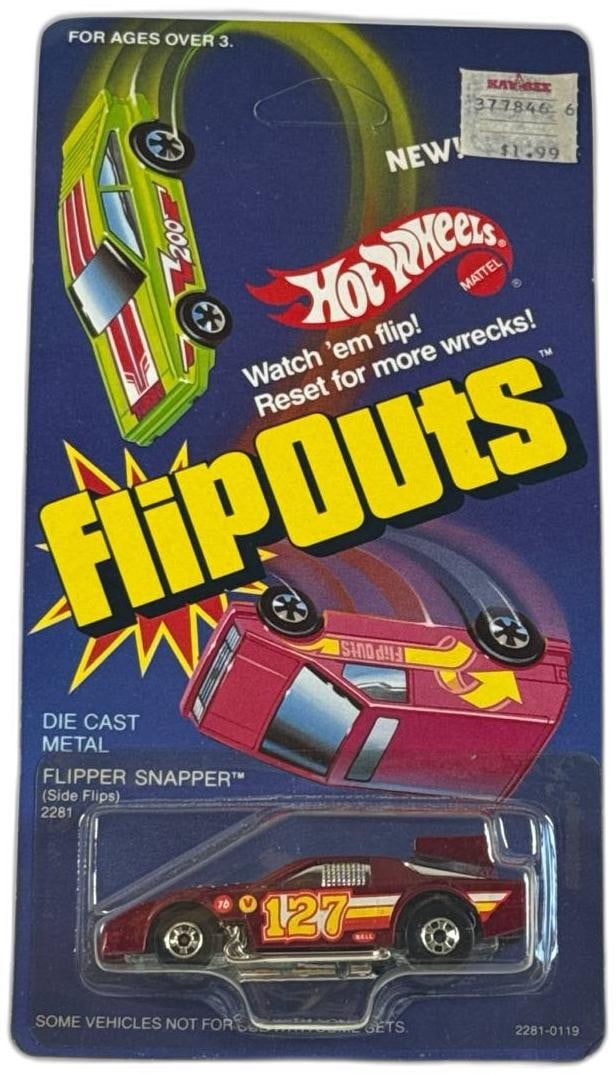 Hot Wheels Flipouts Flipper Snapper 2281 Die Cast Car Vintage Unopened 1986: Hot Wheels Flipouts Flipper Snapper 2281 Die Cast Car Vintage Unopened 1986 from the mid 1980s is a rare collectible that still retains its original sealed packaging. This die cast model stands out fo