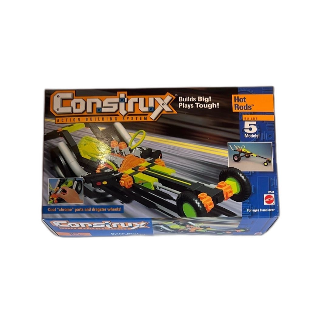 Vintage Mattel Construx Action Building System Hot Rods Set 1996: Vintage 1996 Mattel Construx Action Building System Hot Rods Set. Includes parts for five model designs featuring cool chrome parts and dragster wheels. Box indicates it's designed for ages 8 and over