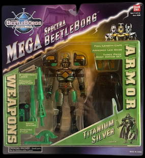 1997 Saban Beetleborgs Metallix Mega Spectra Titanium Silver Unopened Action Figure: 1997 Saban Beetleborgs Metallix Mega Spectra Titanium Silver Unopened Action Figure from Bandai stands as an iconic collectible capturing the imaginative energy of 90s power hero toys. The front packa