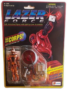 Lazer Force Action Figure Hot-Wire 1994 Lanard Toys Collectible: Lazer Force action figure Hot-Wire by Lanard, released in 1994. The figure, part of The Corps series, features detailed orange armor and is packaged with light-up accessories including a hoverboard an