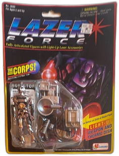 Lazer Force Resistor Figure Lanard 1994 The Corps Light-Up Accessories: Lazer Force action figure "Resistor" by Lanard, part of The Corps lineup from 1994. Fully articulated figure with chrome finish, accompanied by light-up laser accessories including a thermo dish. Pack