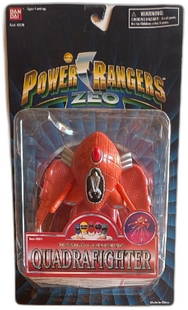 Bandai Power Rangers Zeo Quadrafighter MIB Vintage 1996 Toy: Bandai Power Rangers Zeo Quadrafighter from 1996. This missile-launching toy features the distinctive look of the Power Rangers Zeo series, complete with bright orange color and sleek design. The pack
