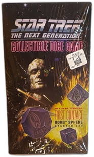 Star Trek The Next Generation Collectible Dice Game Borg Sphere Set: Star Trek The Next Generation Collectible Dice Game featuring the Borg Sphere Starter Set. This rare game, published by Five Rings Publishing Group in 1996, includes 25 assorted 20mm polyhedral dice a