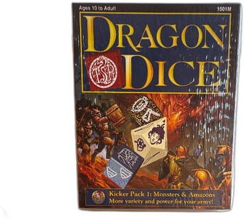 Dragon Dice Kicker Pack 1 Monsters & Amazons TSR Sealed 1995: Dragon Dice Kicker Pack 1: Monsters & Amazons by TSR. This 1995 expansion pack introduces new dice, including unique Amazon dice, to enhance your Dragon Dice game. The sealed pack offers various polyh
