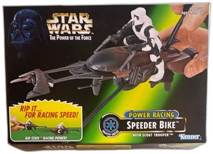 Star Wars Power Racing Speeder Bike With Scout Trooper Kenner 1997: Star Wars Power Racing Speeder Bike with Scout Trooper, produced by Kenner in 1997. This collectible toy, part of "The Power of the Force" series, includes a scout trooper figure and speeder bike for