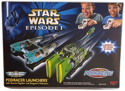 Star Wars Episode I Micro Machines Podracer Launcher Set New In Box: Star Wars Episode I Micro Machines Podracer Launcher Set, featuring Teemto Pagalies' and Gasgano's Podracers. Released in 1998 by Galoob Toys, this collectible set includes two intricately detailed Po