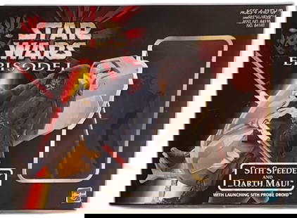 Star Wars Episode I Darth Maul Sith Speeder Action Figure Set 1999: Star Wars Episode I "Sith Speeder and Darth Maul" action figure set from 1999 by Hasbro. Features Darth Maul figure with detailed double-bladed lightsaber and Sith Speeder, designed for imaginative pl