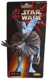 Star Wars Episode I Watto Koosh Figure Toy Collectible 1999 Hasbro: Star Wars Episode I Watto Koosh Figure from 1999, manufactured by Hasbro and OddzOn. This collectible features Watto, a blue Toydarian character, integrated with a Koosh ball for unique texture and pl