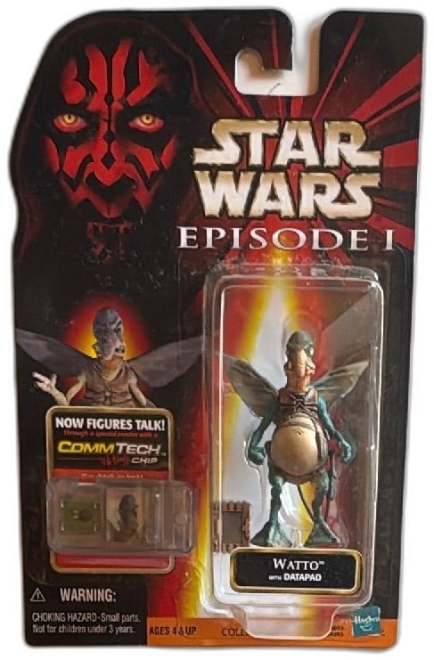 Star Wars Episode I Watto Action Figure With DataPad 1999 Hasbro: Star Wars Episode I Watto Action Figure from 1999 by Hasbro, featuring a detailed sculpt of Watto with DataPad accessory. This collectible figure includes a CommTech Chip, allowing interaction with ot