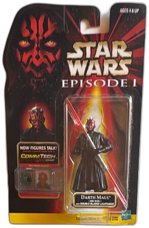 Star Wars Episode I Darth Maul Action Figure with CommTech Chip 1999: Star Wars Episode I action figure featuring Darth Maul, produced by Hasbro in 1999. This collectible showcases Darth Maul in his iconic Jedi Duel pose, wielding a double-bladed lightsaber. Packaged wi
