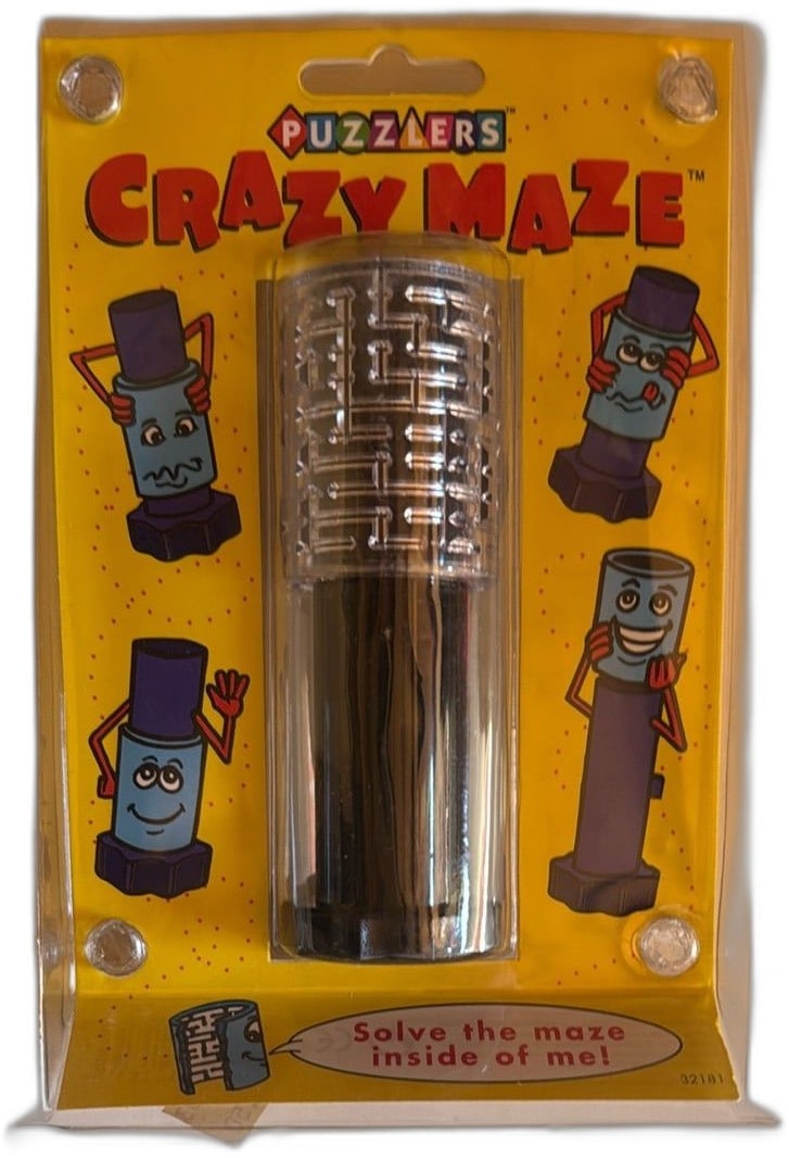 Puzzlers Crazy Maze Cylinder Puzzle 1992 University Games New Sealed Vintage Toy: Puzzlers Crazy Maze puzzle toy from 1992, made by University Games. Features a cylindrical design with an intricate maze under a clear plastic cover. The goal is to rotate the cylinder to navigate a r