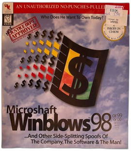 Microshaft Winblows 98 Parody CDROM 1997 Palladium Interactive Sealed Box: Rare sealed Microshaft Winblows 98 parody CD-ROM by Palladium Interactive 1997. Features comic spoof of Windows 98, Microsoft, and tech culture with interactive games like Microshaft Exploder and Bill