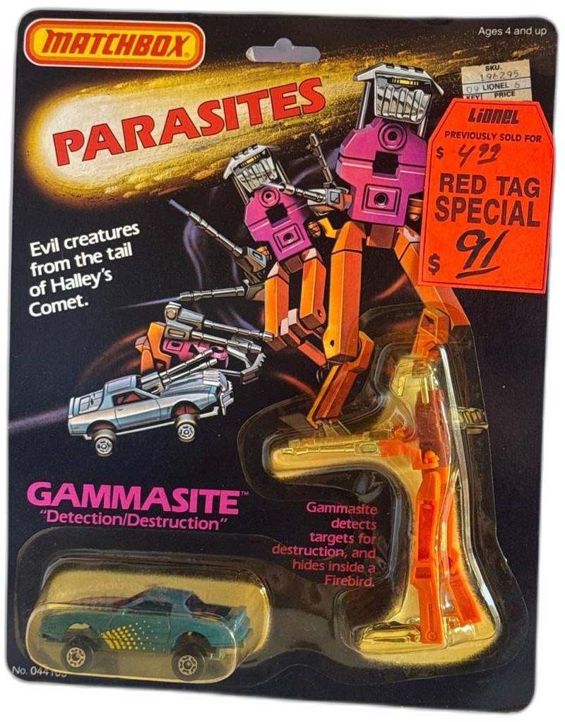 1985 Matchbox Parasites Gammasite Halleys Comet Firebird Evil Creature: 1985 Matchbox Parasites Gammasite is a remarkable vintage toy that captures the excitement of Halleys Comet lore. This sealed figure features Detection and Destruction powers transforming from a sleek