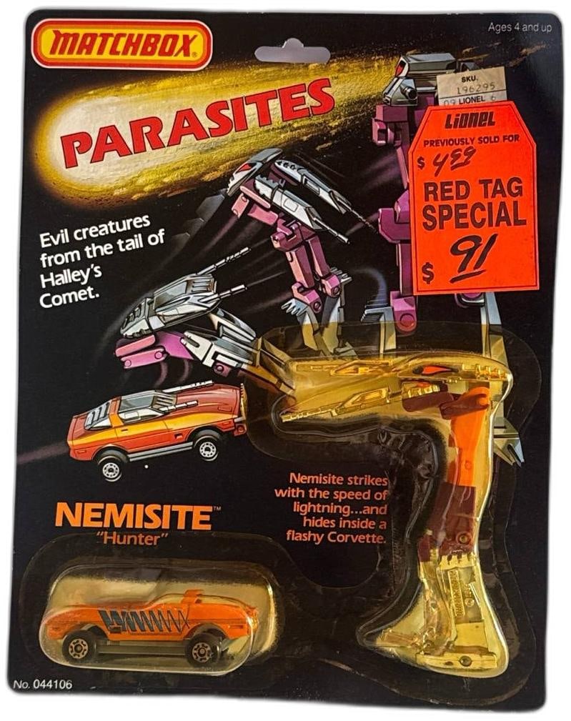 Matchbox Parasites NEMISITE Hunter 1985 Year Old Vintage Diecast Toy Car: Matchbox Parasites NEMISITE Hunter 1985 Year Old Vintage Diecast Toy Car is a rare collectible that spotlights an iconic era of transforming toys. Designed as an orange Corvette that converts into a r