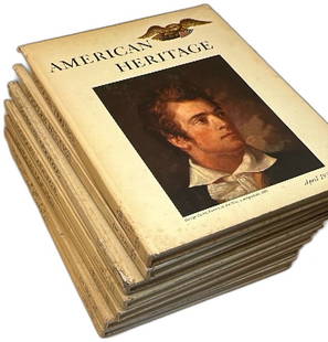 American Heritage Magazine Lot 1957 1959 Hardcover Vintage Illustrated History: Vintage American Heritage Magazine lot from 1957 to 1959, featuring multiple issues in classic hardcover format. Iconic eagle logo and historic American artwork on covers. Issues include April 1957, F