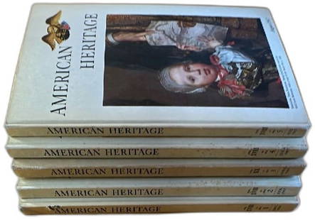 American Heritage Magazine Bound Editions 1966 1967 1969 History Hardcover Lot: American Heritage Magazine hardcover bound editions from 1966, 1967, and 1969, each book visually matching the well-known white cover with the American eagle logo and vivid historical artwork. These v