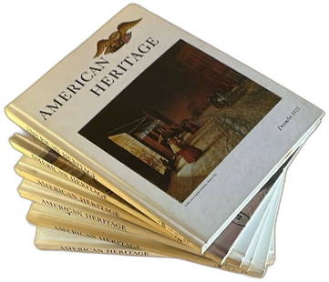 American Heritage Magazine Lot 8 Volumes 1975 Hardcover Historical Issues: American Heritage Magazine lot, 8 hardcover volumes from 1975, includes issues from February, April, June, August, October, and December. Each book features classic American heritage content, historic