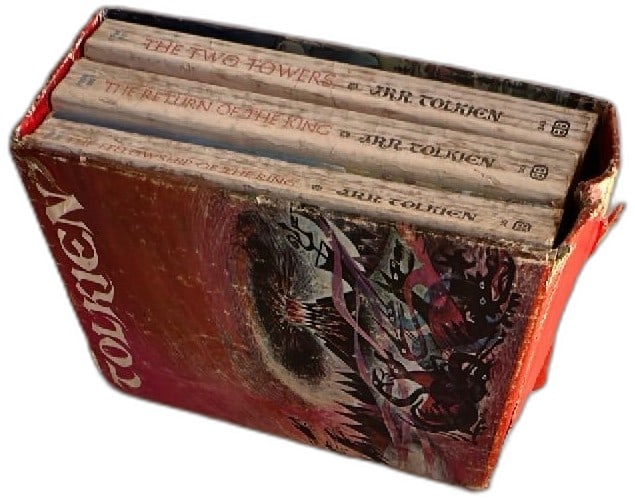 JRR Tolkien Lord Of The Rings Ballantine Books Box Set 1965 Second Printing: Vintage J.R.R. Tolkien Lord of the Rings paperback box set Ballantine Books 1965. Includes The Fellowship of the Ring, The Two Towers, and The Return of the King in illustrated slipcase. Cover art by 