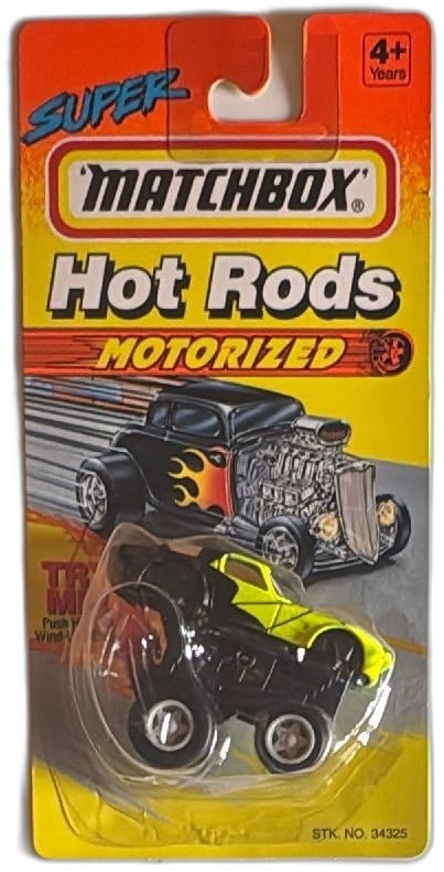 Matchbox Super Hot Rods Motorized Diecast Car 1993 STK 34325 Black Yellow New: Vintage Matchbox Super Hot Rods Motorized Diecast Car collectible toy, 1993 release, STK NO 34325, features a black and yellow body, motorized function (push head to wind up), and is still factory sea