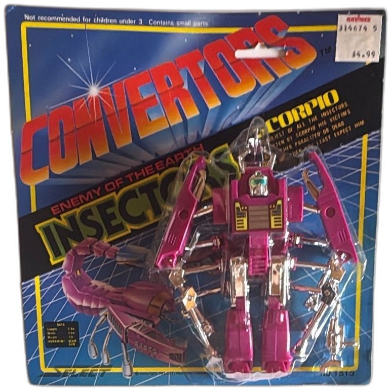 Convertors Insectors Scorpio Enemy Of The Earth 1984 Select Mark Japan MOC: Vintage Convertors Insectors Scorpio action figure 1984 by Select/MARK Japan, mint on card. Features magenta and chrome plastic with robot to scorpion transformation. Original packaging with graphics,