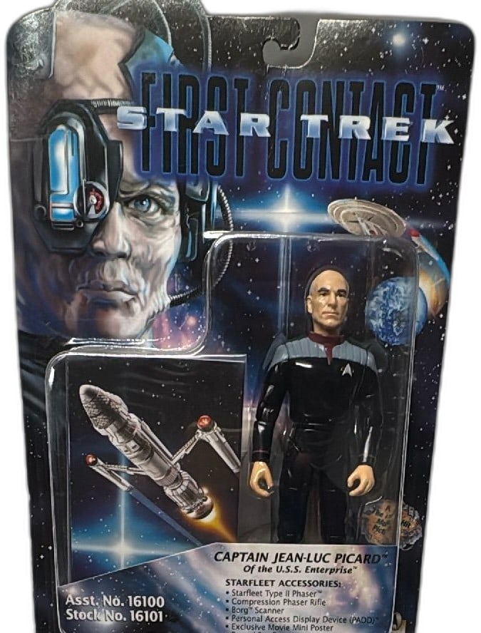 Star Trek First Contact Captain JeanLuc Picard Action Figure Playmates 1996 Seal: Star Trek First Contact Captain Jean-Luc Picard action figure by Playmates 1996, sealed on original card. Features character in Starfleet uniform with accessories including Starfleet Type II Phaser, C
