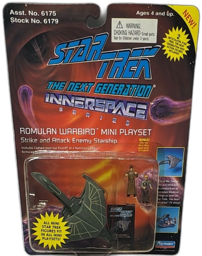 Star Trek Next Generation Innerspace Romulan Warbird Mini Playset 1994 Sealed: Star Trek The Next Generation Innerspace Romulan Warbird Mini Playset by Playmates Toys 1994. Romulan Warbird toy with two articulated mini action figures (Captain Jean-Luc Picard as a Romulan and Rom