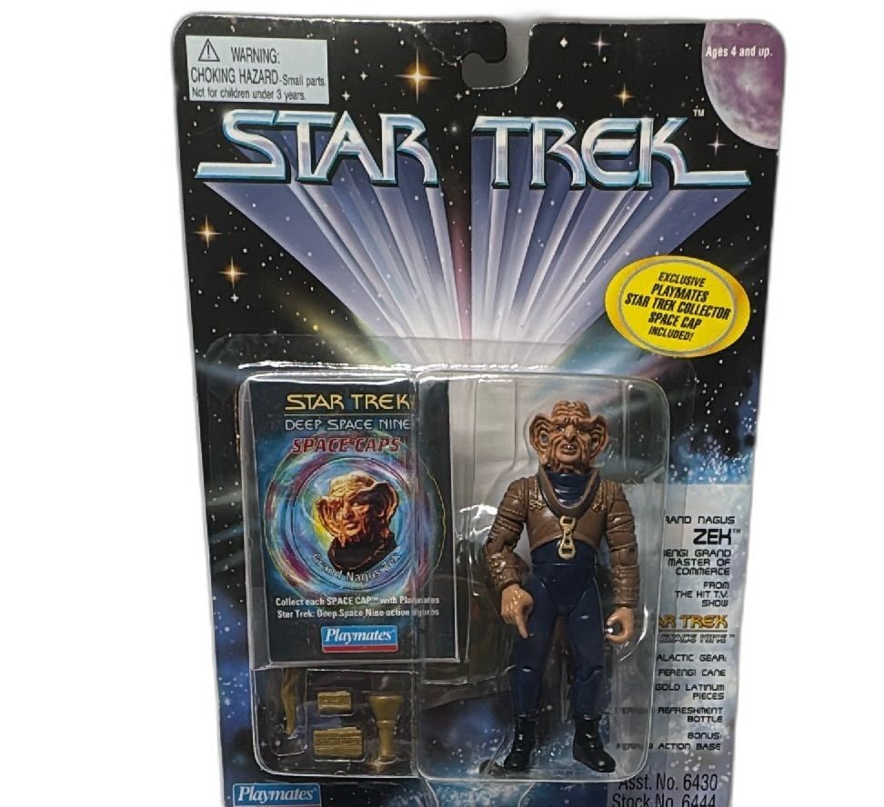 Star Trek Deep Space Nine Grand Nagus Zek Figure Playmates 1995 Space Cap MOC: Star Trek Deep Space Nine Grand Nagus Zek action figure by Playmates, released in 1995. Features original mint on card (MOC) packaging, includes exclusive Space Cap, Ferengi cane, gold latinum bars, r