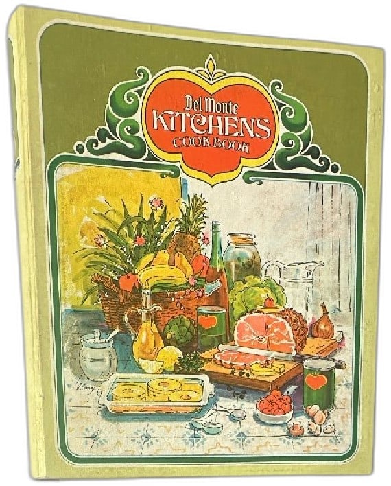 Del Monte Kitchens Vintage Recipe Binder Cookbook 1970s Complete Tabs Illustrate: Del Monte Kitchens vintage recipe binder cookbook, likely from the 1970s, featuring a sturdy yellow hard cover with colorful illustrations on the front. Complete with tabbed dividers for categories li