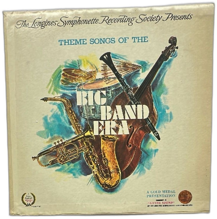 Longines Symphonette Theme Songs Of The Big Band Era Vinyl Record Album 1970s: Theme Songs Of The Big Band Era vinyl record by The Longines Symphonette Recording Society, classic big band jazz collection. Original 1970s pressing, includes illustrated jacket with vibrant art and