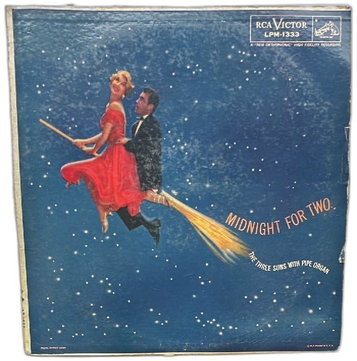 RCA Victor Midnight For Two Three Suns With Pipe Organ LPM-1333 Vinyl Record: Vintage RCA Victor Midnight For Two by The Three Suns With Pipe Organ, catalog LPM-1333, collectible vinyl LP record. Features charming cover art of a couple on a broomstick against a starry sky. 12-i
