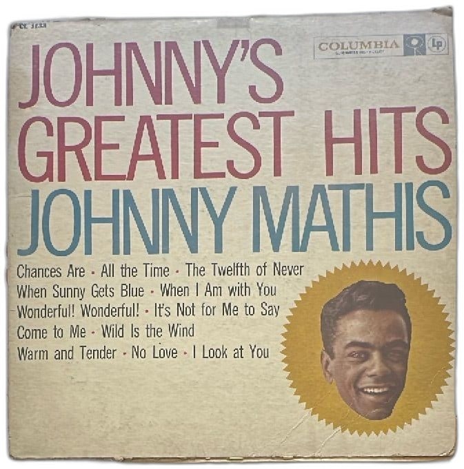 Johnny Mathis Johnnys Greatest Hits Vinyl LP Columbia CL 1133 1958 Album: Johnny Mathis Johnnys Greatest Hits vinyl record LP, Columbia CL 1133, released in 1958. Features classic tracks like "Chances Are," "The Twelfth of Never," and "Wonderful! Wonderful!" Album cover dis