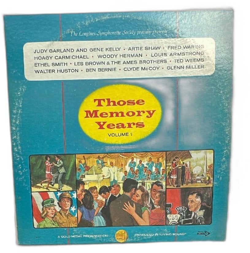 Longines Symphonette Society Those Memory Years Volume 1 Vinyl LP 1970s Set: Longines Symphonette Society Those Memory Years Volume 1 vinyl LP album, vintage 1970s collectible record. Features classic performances by Judy Garland, Gene Kelly, Louis Armstrong, Glenn Miller, and